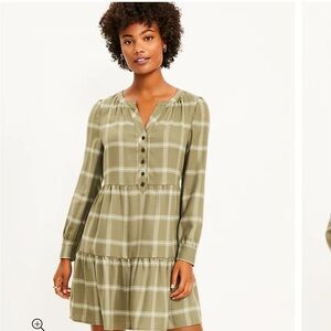 LOFT green plaid tiered shirt dress small petite new with tags